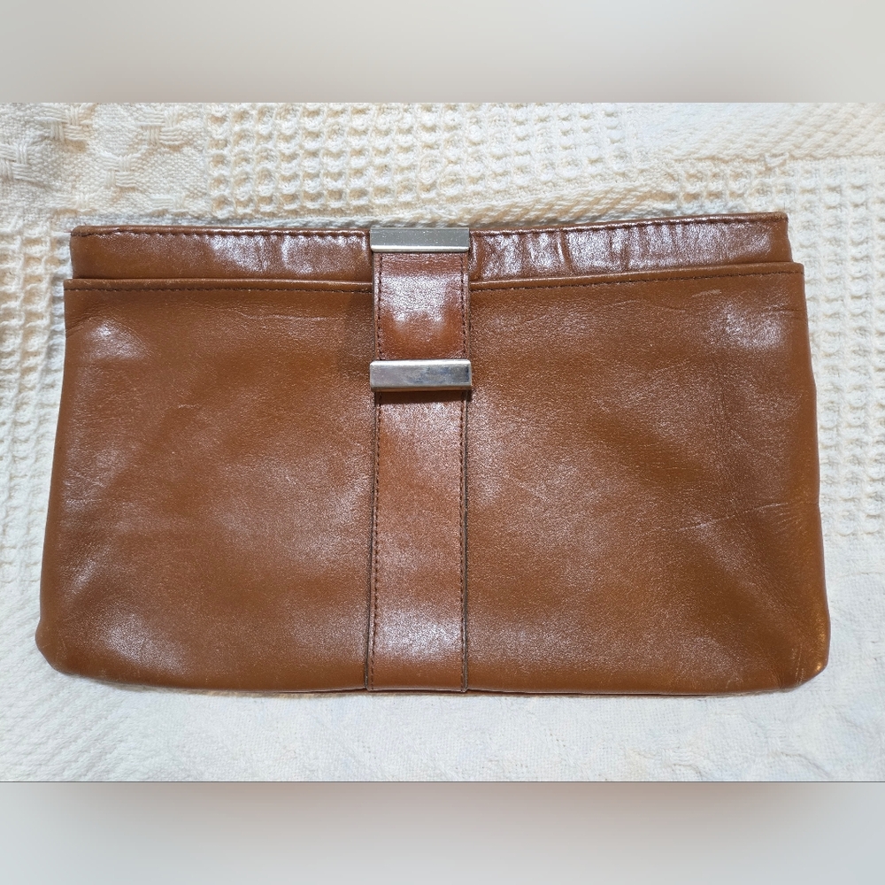 Vintage Brown Leather Clutch with Silver Accent